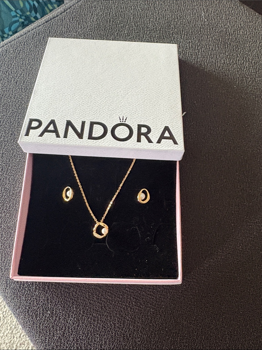 Pandora Gold Pearl Pendant Necklace with Matching Stud Earrings - Gold